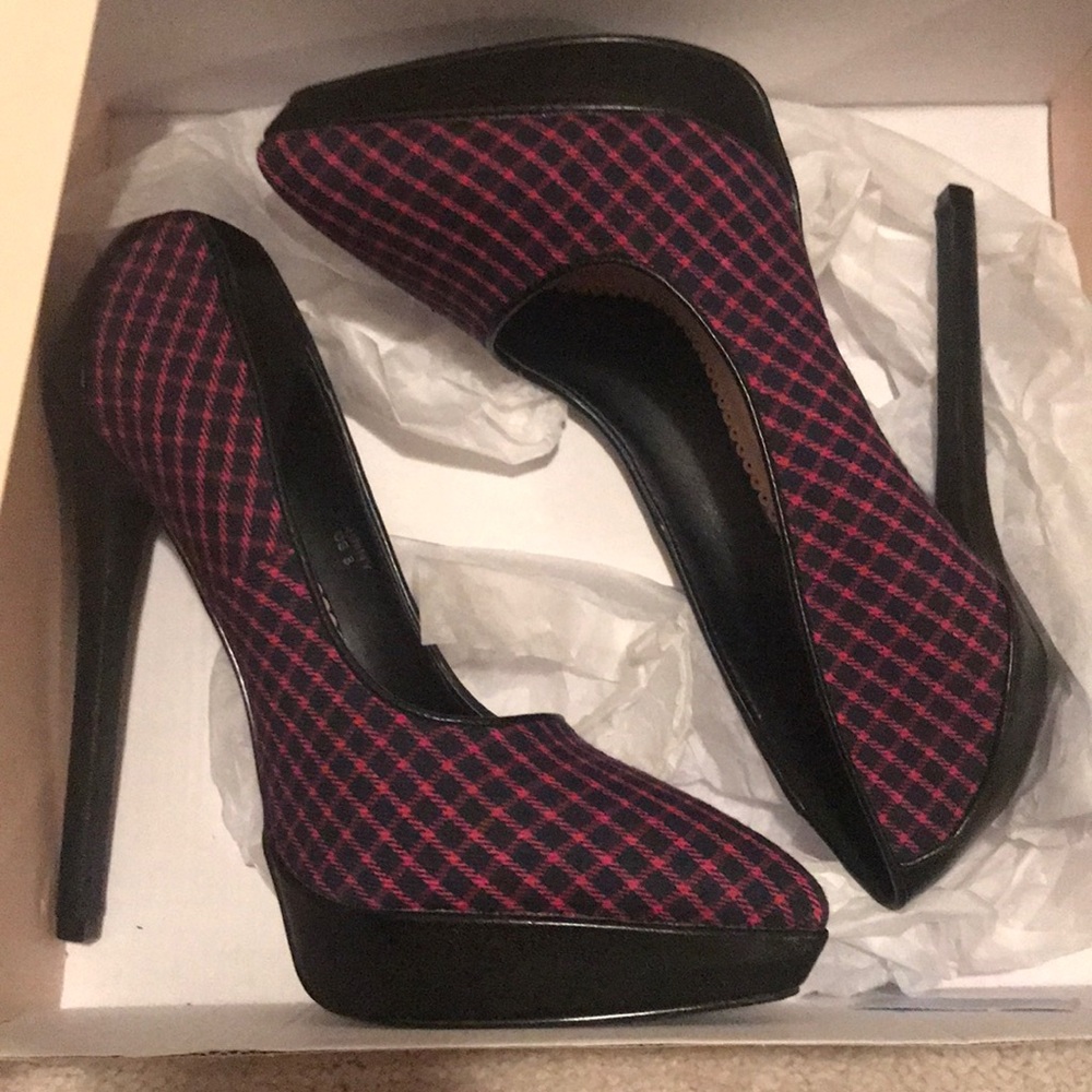 Madison black and pink check heels